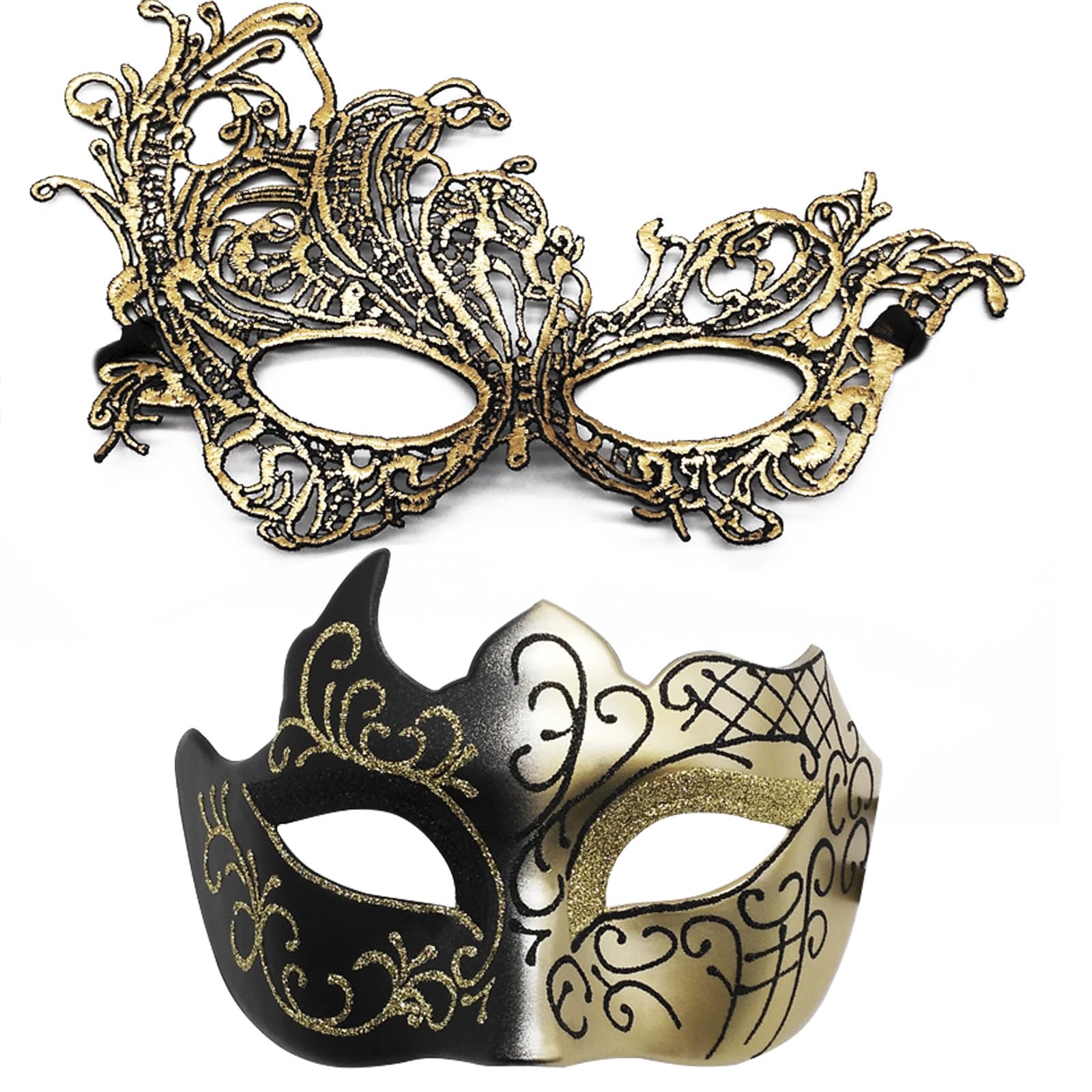 2-Pack Venetian-Inspired Masquerade Mask Set, Gold & Black, for Adults