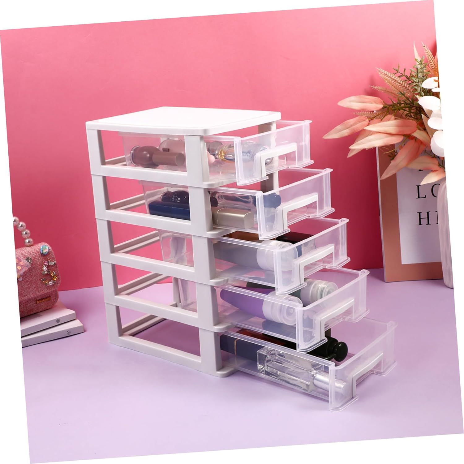 Multifunctional Plastic Drawer Organizer Desktop Storage Cabinet for Office Bedroom Living Portable Material Storage Box with Transparent White for Stationery and Sundries