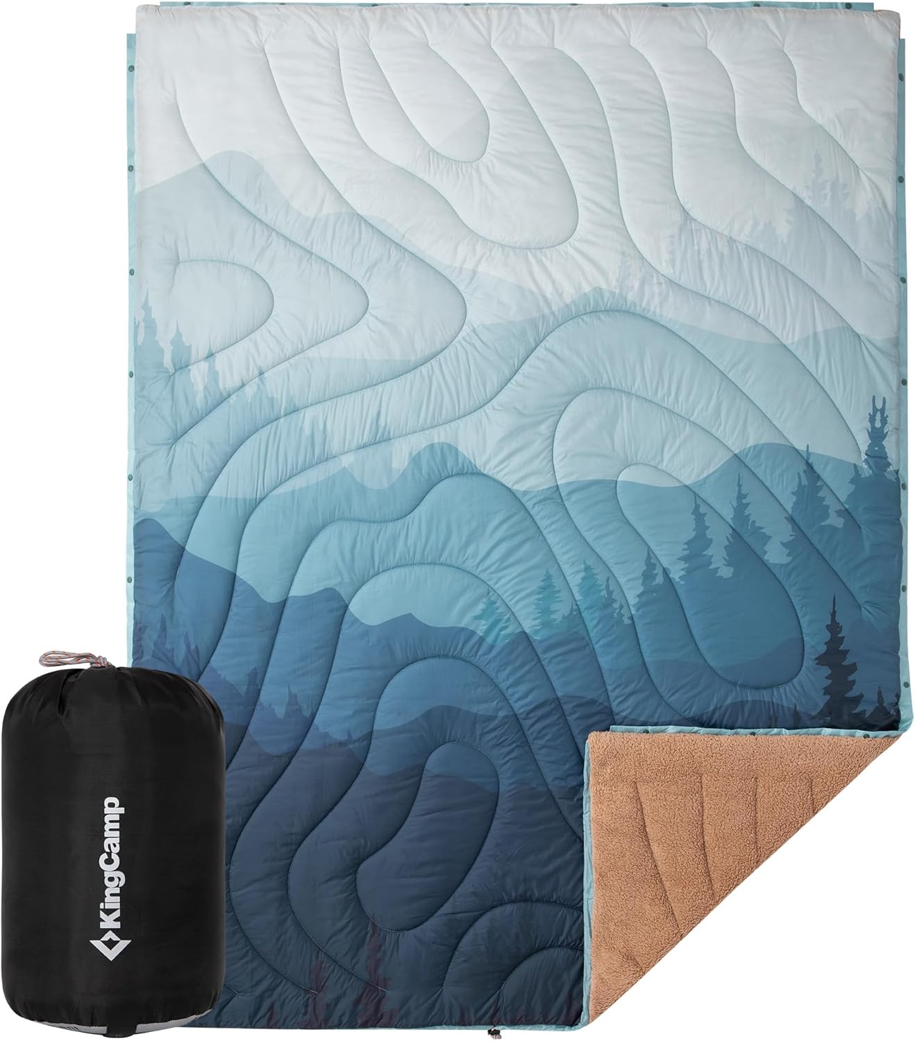 KingCamp Large Camping Blanket with Sherpa Lining, Packable Down Alternative Puffy Printed Wearable Blanket with Snap Buttons, Warm Weatherproof Quilt for Outdoor Travel (79" L x 57" W, Cyan)