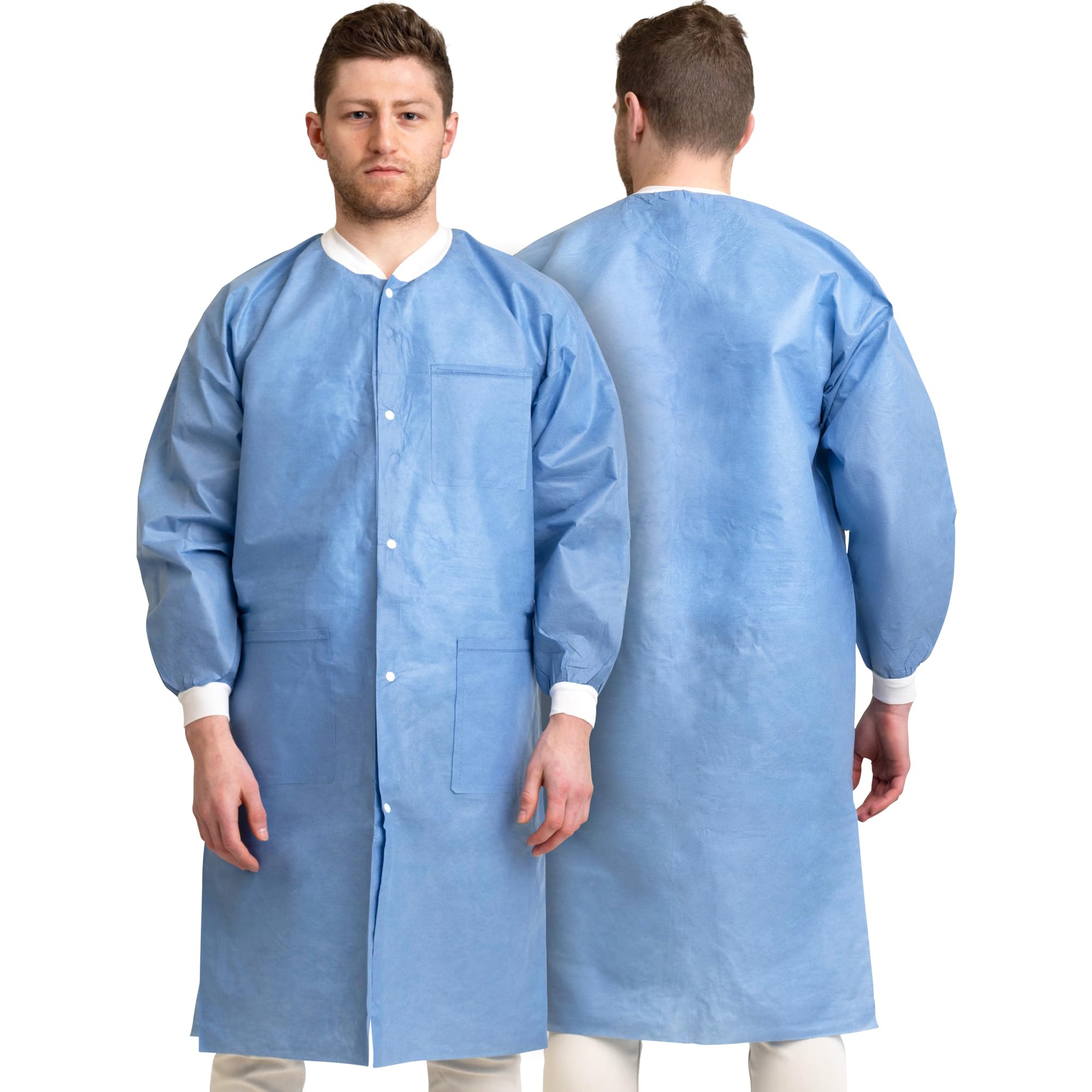 Medical Nation Disposable Lab Coats | 10 Pack - 50 Pack | Lab Coats for Adults with Knit Cuffs and Pockets (Size Small - 5XL)