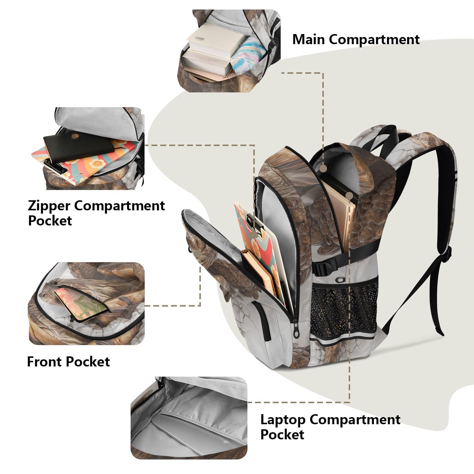 Sac à dos de voyage tortue africaine 3D pour femme et homme - 44,5 cm