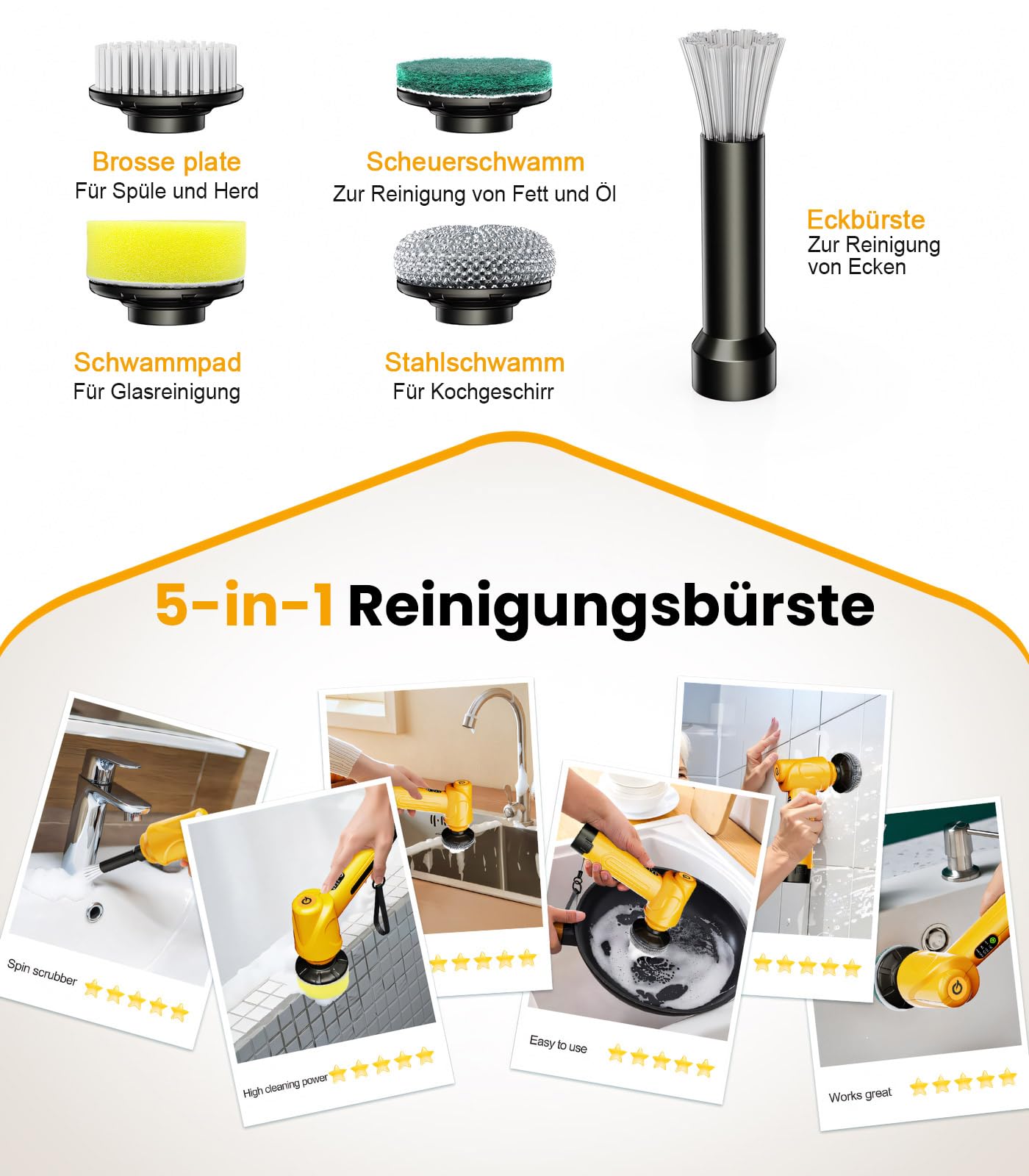 qimedo Elektrischer Reinigungsbürste, Handlich Spin schrubber mit 2 austauschbaren Akkus & 5 Bürstenköpfen, Kabellose fugenbürste Elektrisch für Küche, Spüle, Ecken, Badewanne