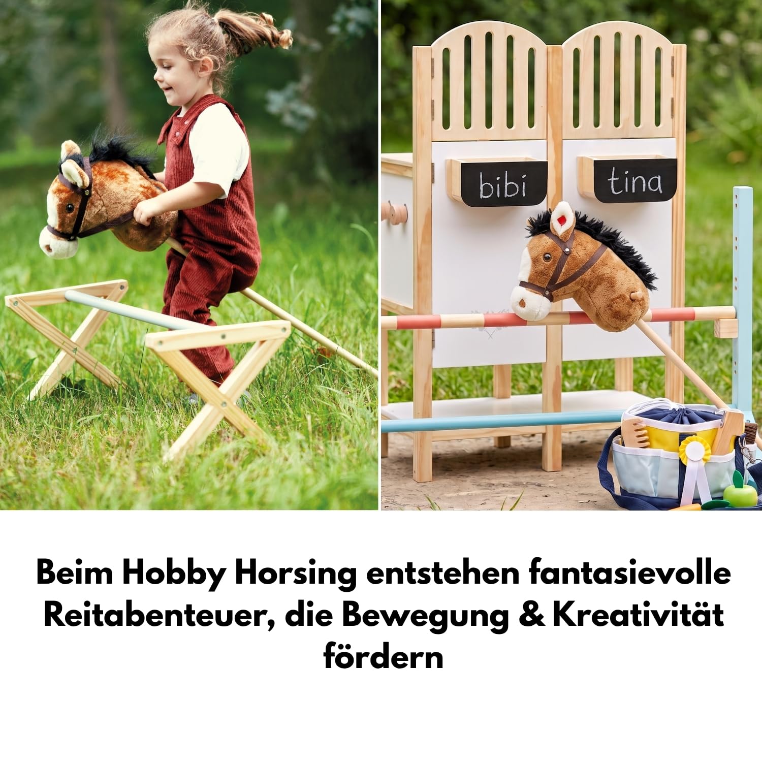 Small Foot Hobby Horsing Steckenpferd Nico mit Springhindernis - Braun | Steckenpferd & Springhindernis | verstellbare Sprunghöhe | Wieher- & Trappelgeräusche | Rollen am Stiel | Halfter & Zügel