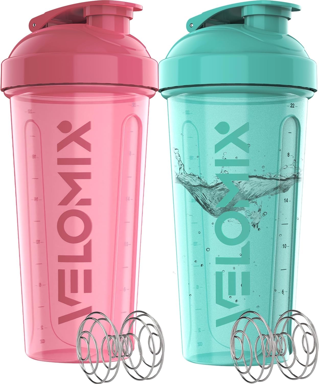 VELOMIX 8 Pack 28oz Protein Shaker Bottle for Protein Mixes, Pink/Turquoise | 8x Wire Whisk, Leak Proof Shaker Cups for Protein Shakes, Stackable, Multipack Value Set for Home, Gym, Office and Car