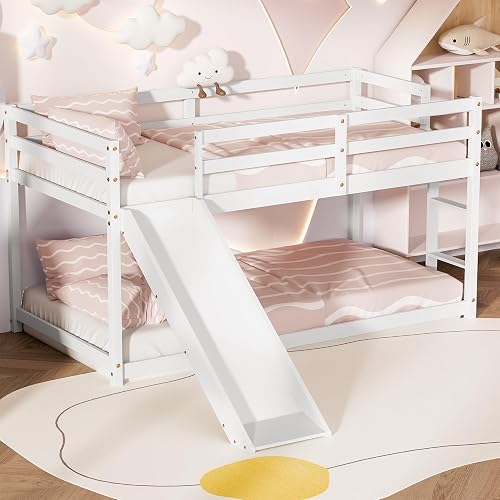 TOLEAD Low Bunk Bed with Slide, Twin Over Twin Loft Bed w/Climbing Ladder