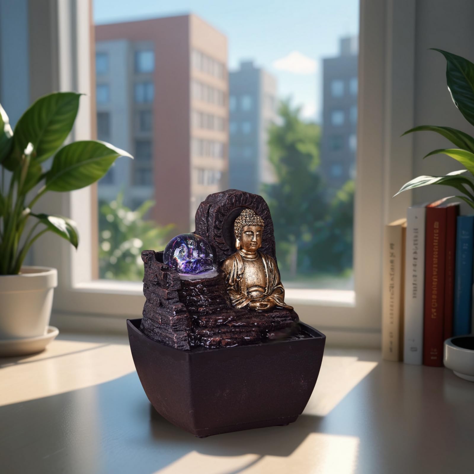 Fontanna Zen Budda Kolorowe światło LED - Dekoracja Zen Spirit - Obiekt szczęścia Feng Shui - Fontanna stołowa - Inteligentny i przydatny pomysł na prezent w niskiej cenie - wys. 18 cm - Theravada