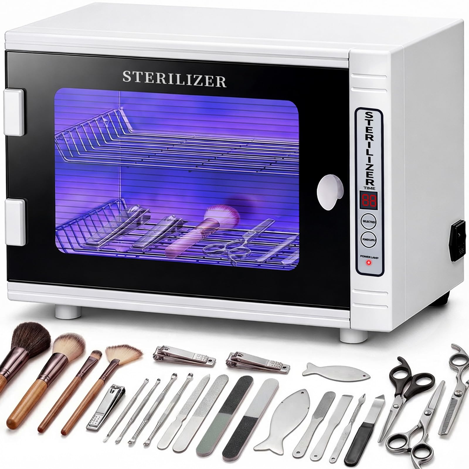 UV Desinfektionsschrank mit 10L Fassungsvermögen, Professioneller Sterilisator für Instrumente aus Metall mit 60-Minuten Timer, 360° Desinfektion für Nagelstudios, Friseure, Kosmetik und Haushalte
