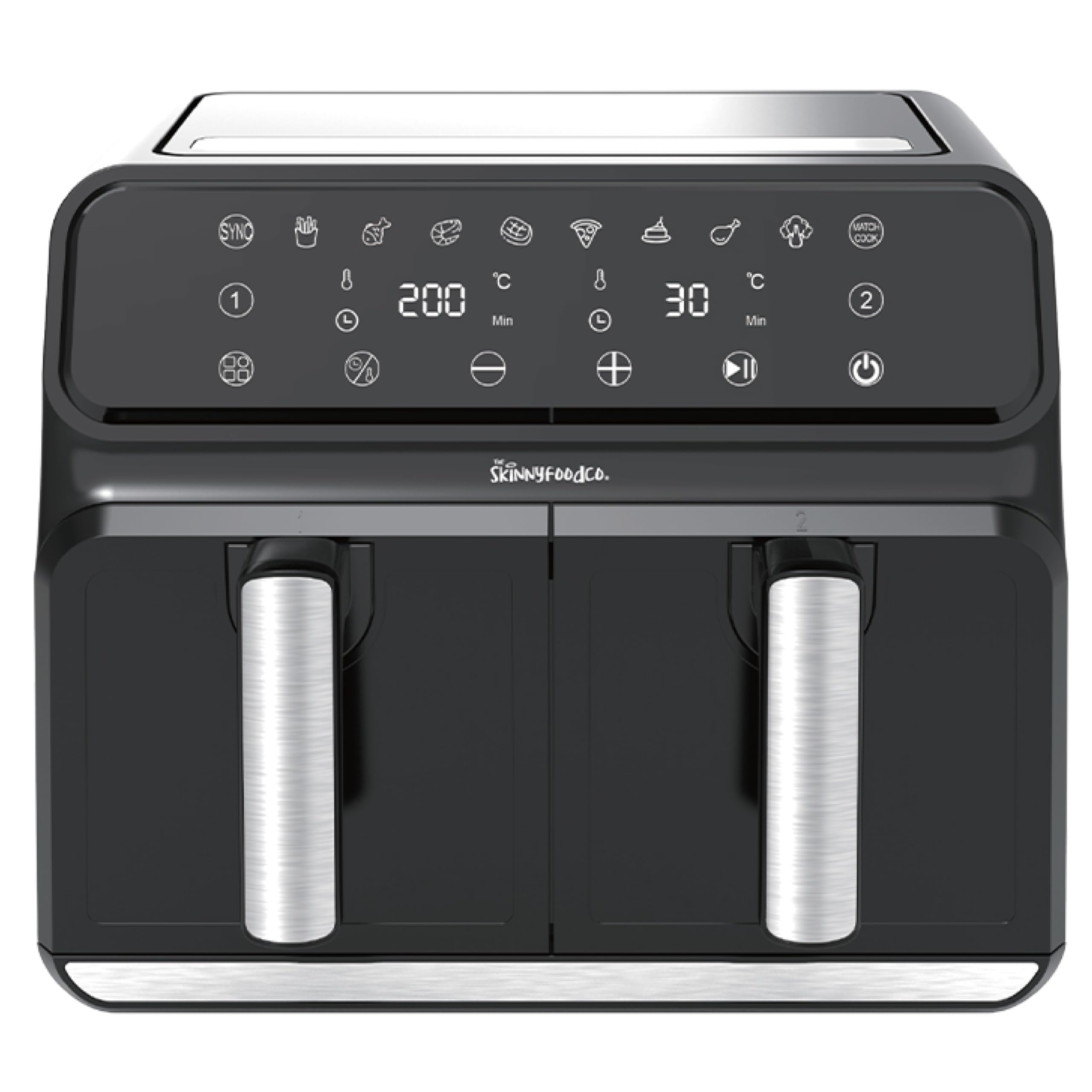 Skinny Food Co Dual Tray 8L Air Fryer - Dual Basket 2 Drawer Air Fryer with Sync Function & Digital Controls - Oil-Free Healthy Cooking, Dishwasher-Safe Drawers, Black