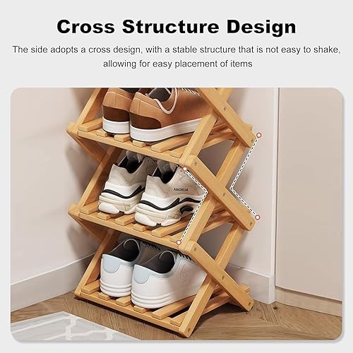 Miniatura 5 de YYW Zapatero de bambú para entrada, estantes de zapatos de pie independientes, organizador de almacenamiento vertical plegable para sala de estar