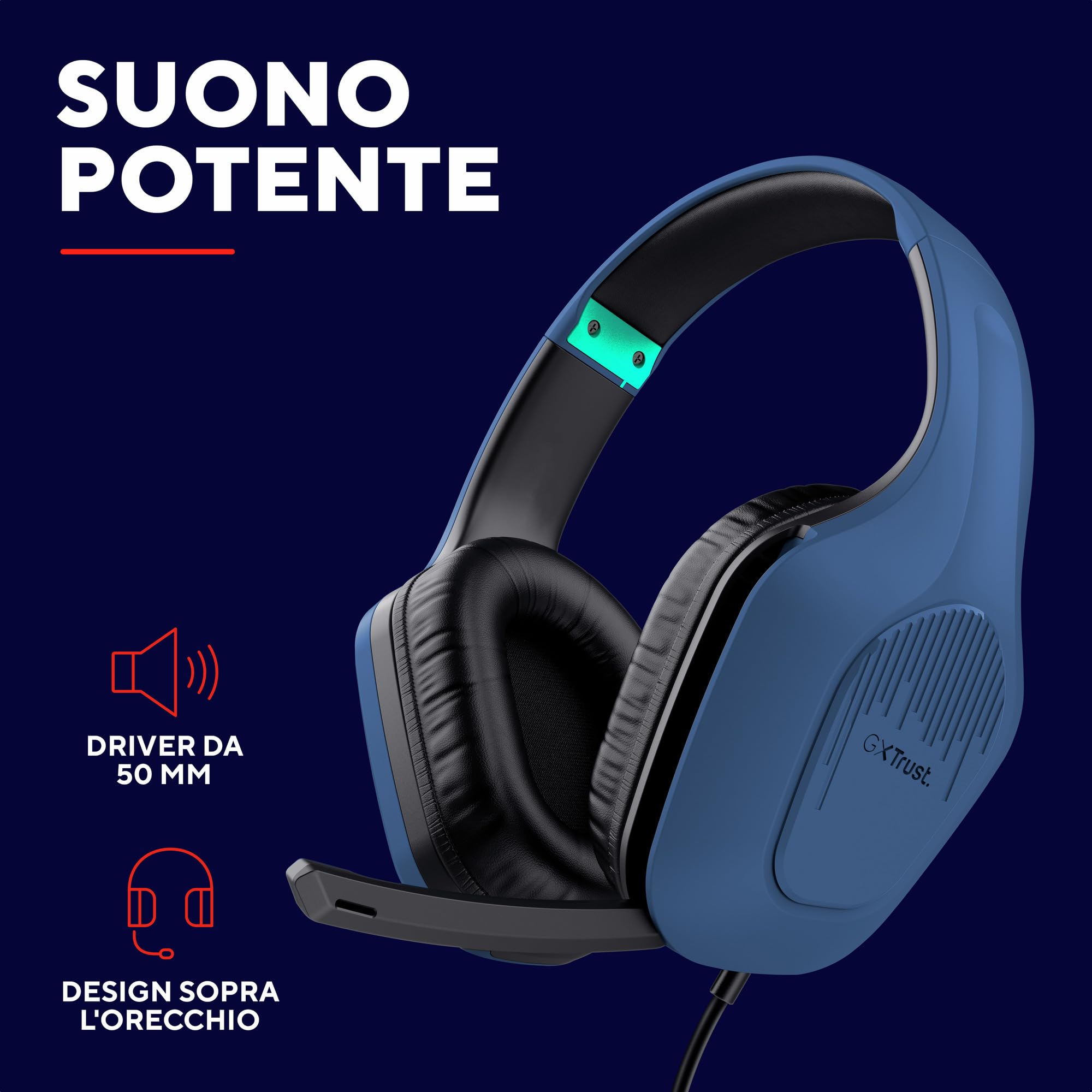 Trust Gaming GXT 418B Rayne Cuffie Gaming Leggere per PC Xbox PS4 PS5 Switch Mobile, Driver da 50 mm, Jack Audio 3.5 mm, Cavo 2m, Cuffie con Microfono Over-Ear, Blu