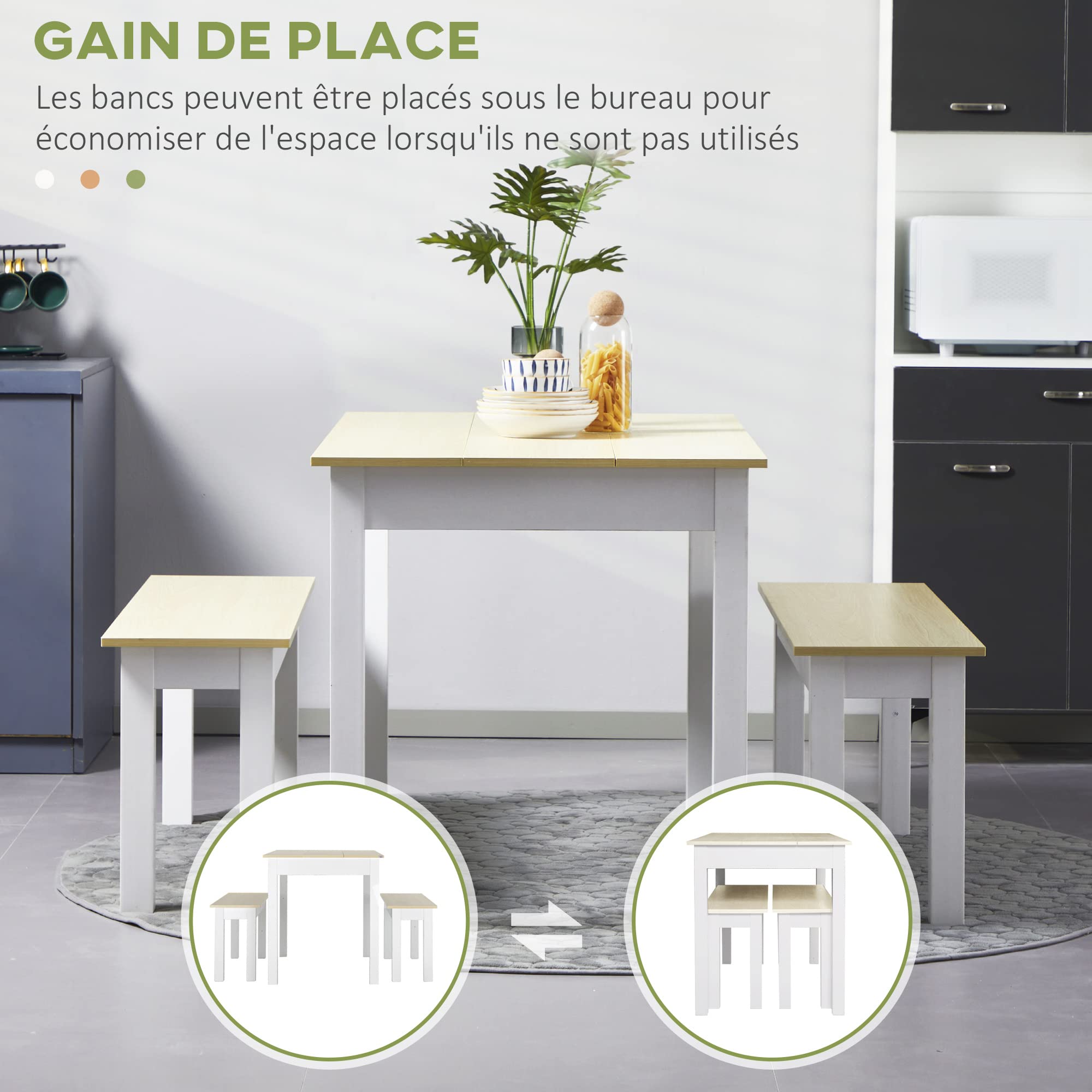 HOMCOM Ensemble Table à Manger 3 pièces avec 2 bancs encastrables pour 4-6 Personnes Style Contemporain - Cuisine Salle à Manger Salon - Panneaux de Particules