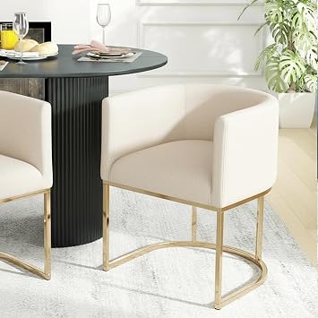 HNY Mid Century Modern Upholstered Barrel Dining Chair with Arms, Linen Kitchen & Dining Room Chair for Dining Room Living Room with Gold Metal Frame, Cream