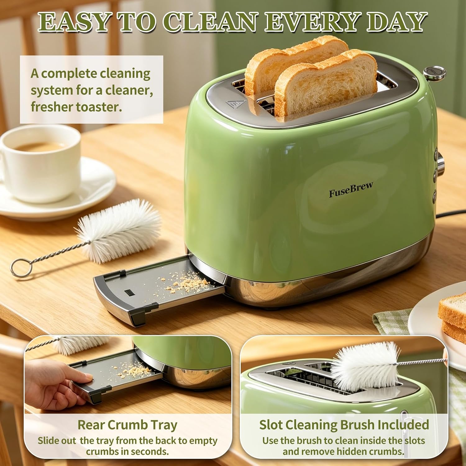 Premium 2-Slice Toaster Stainless Steel | 8 Browning Levels & 1.5" Extra-Wide Slots for Bagels | High-Lift Lever for Small Bread & English Muffins | Retro Compact Design for Modern Kitchen Counter