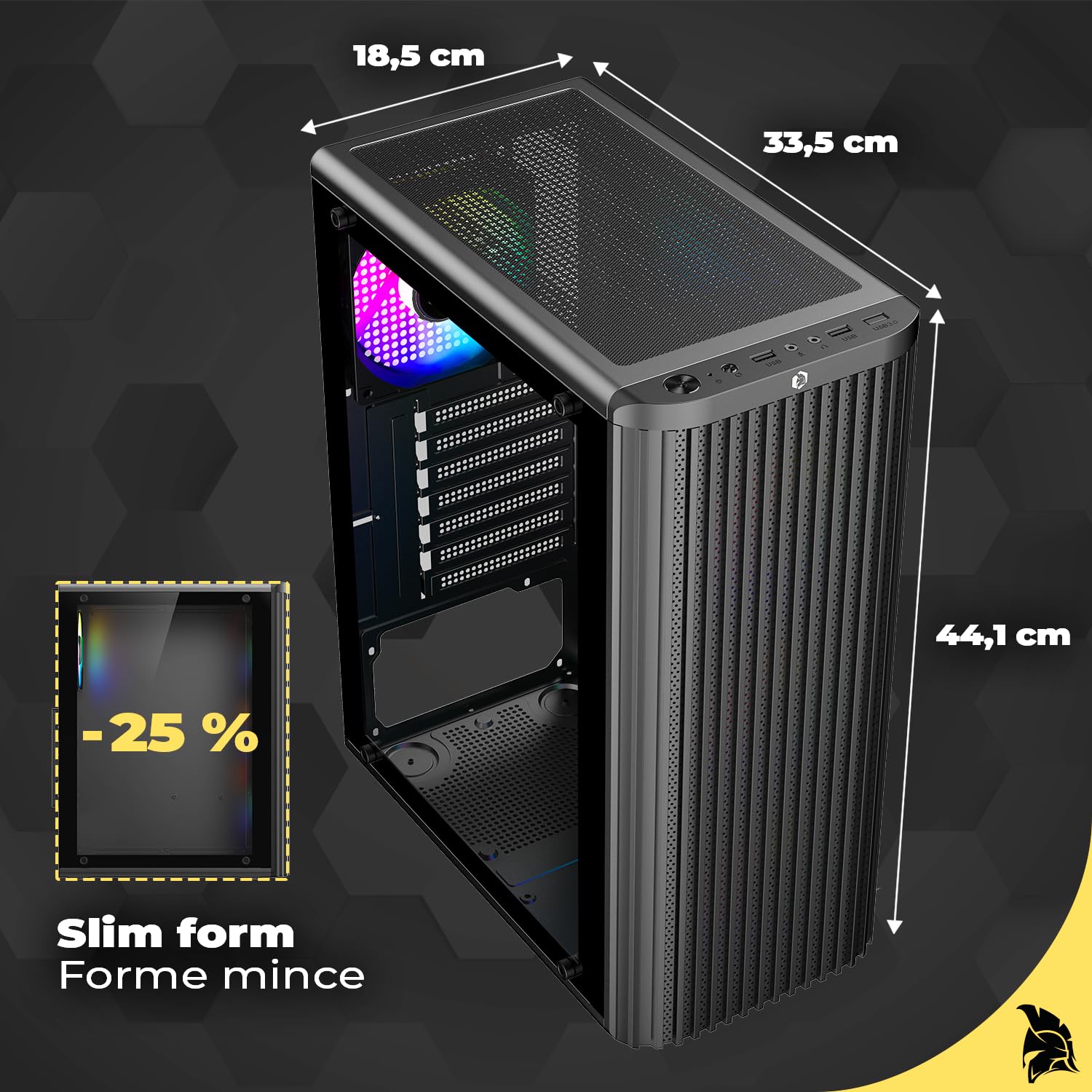 EMPIRE GAMING EC255 Slim Gamer Medium Tower ATX/mATX/ITX, Przedni Przepływ Powietrza z Siatki, 4 Wstępnie Zainstalowane Wentylatory RGB 120 mm, Szkło Hartowane, Chłodzenie 240 mm, GPU ≤265mm, USB3.0