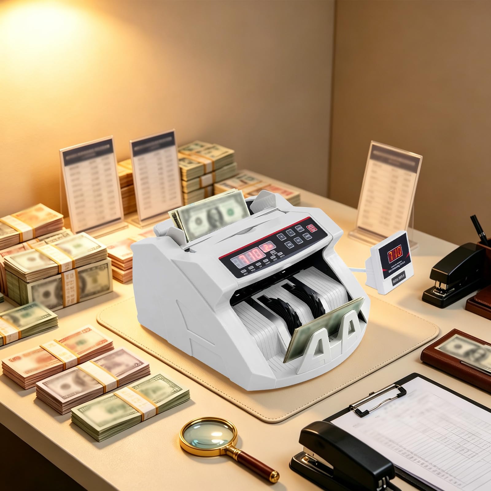 Contabanconote Professionale con Display LED, Rilevamento UV e Magnetico per Banconote False, Velocità 1000 Banconote/min, Capacità 200 Pezzi, per Euro Dollari e Sterline, Bianco