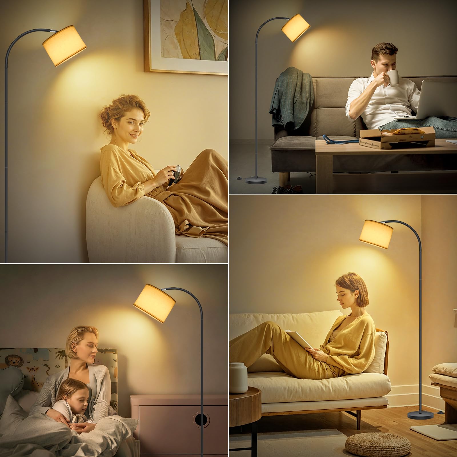 Lampada da terra per soggiorno, 170 cm, ad arco, moderna, con paralume in lino beige regolabile e interruttore a pedale, lampadina LED E27 3000 K inclusa, lampada da lettura per camera da letto