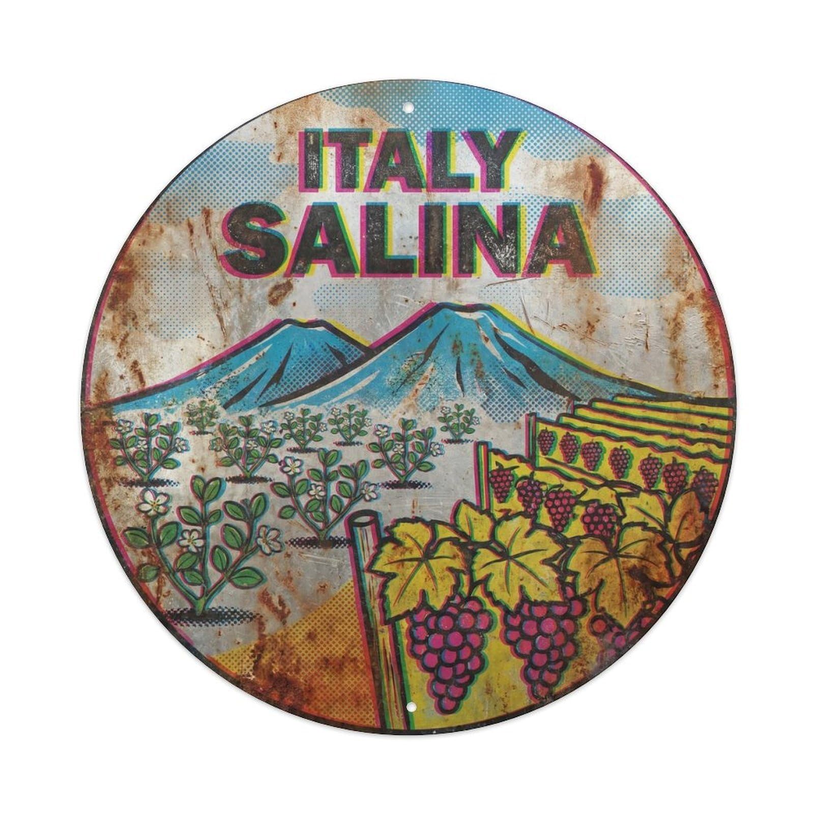 Salina Mediterranean Groves Retro Ink Island Scenery Metal Tin Sign Plaque Wall Decor for Cafe, Man Cave, Club Bar, Office, Home Garden Round Metal Poster 8x8Inch