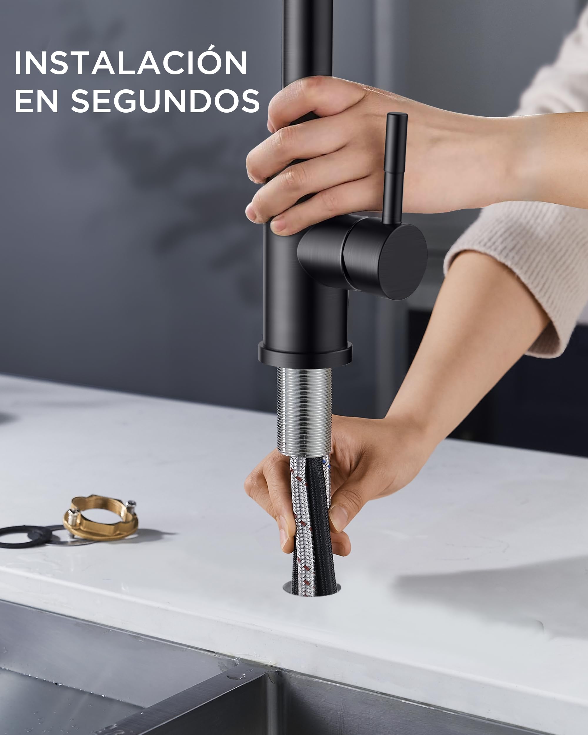 FORIOUS Grifo Cocina Negro, Grifo Cocina Extraible de Alta Presión Torneira Cozinha Giratorio 360°, Monomando Acero Inoxidable con 3 Modos de Pulverización