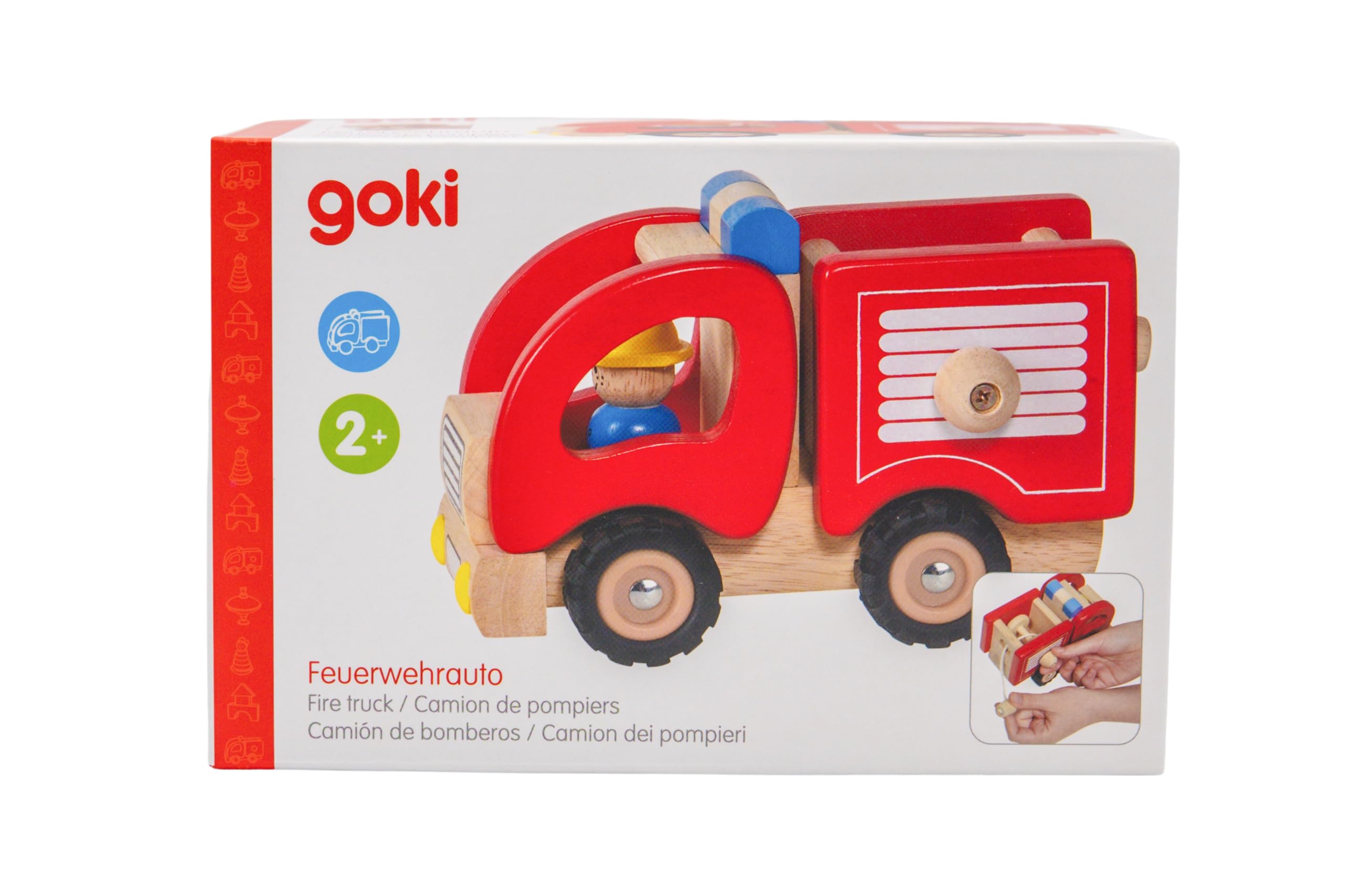 goki Feuerwehrwagen – Klassisches Holzspielzeug mit ausziehbarer Leiter, Rückzugmotor und Holzfigur, fördert Motorik und kreatives Spielen, ideal für Kinder ab 2 Jahren 16,7 x 9,1 x 10,5 cm