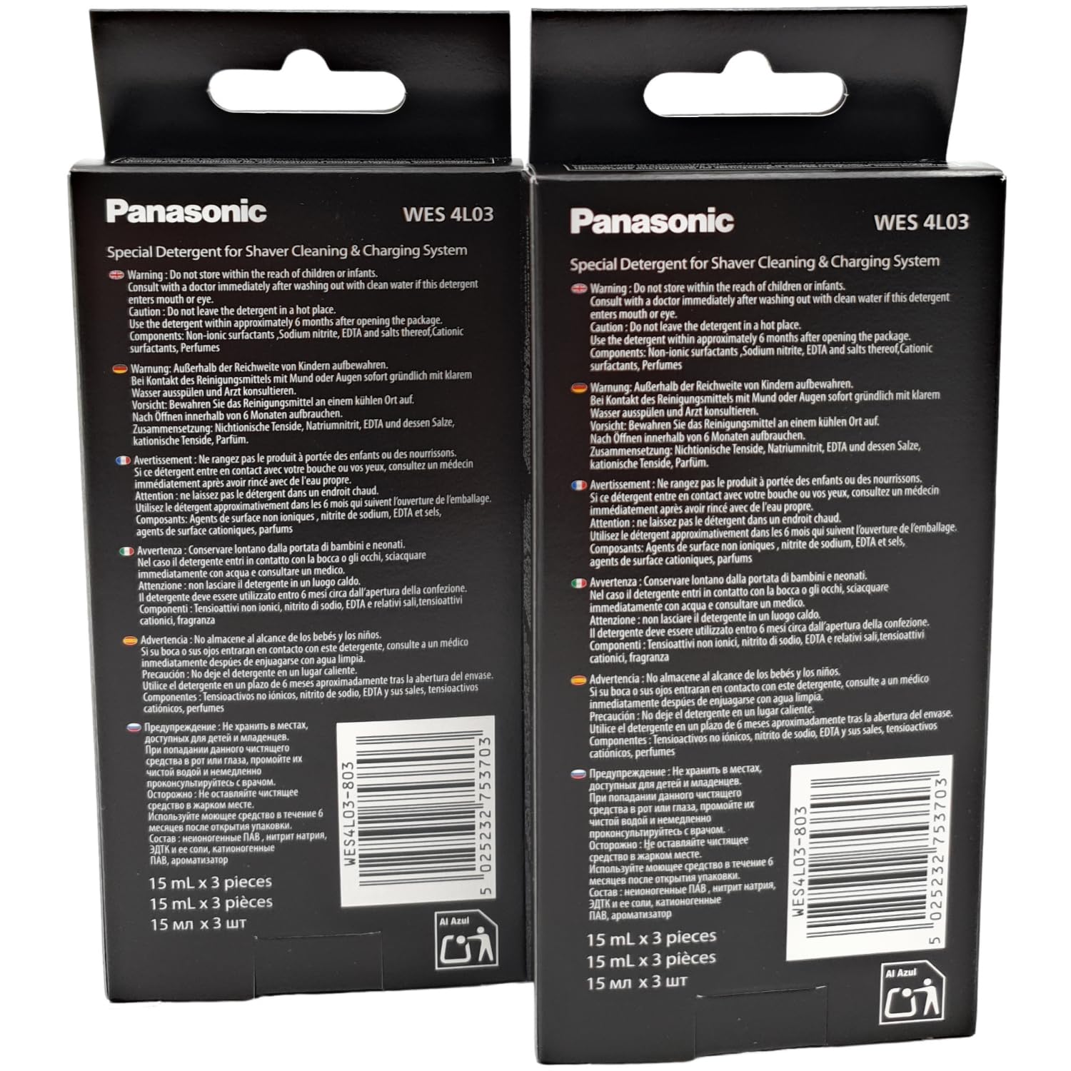 Lot de 2 flacons de liquide de nettoyage concentré compatible avec Panasonic Clean and Charge Station WES4L03-803 (6 x 15 ml) sacs de concentré ES-LS9A ES-LV9Q ES-LV9N ES-LV97 ES-LV95