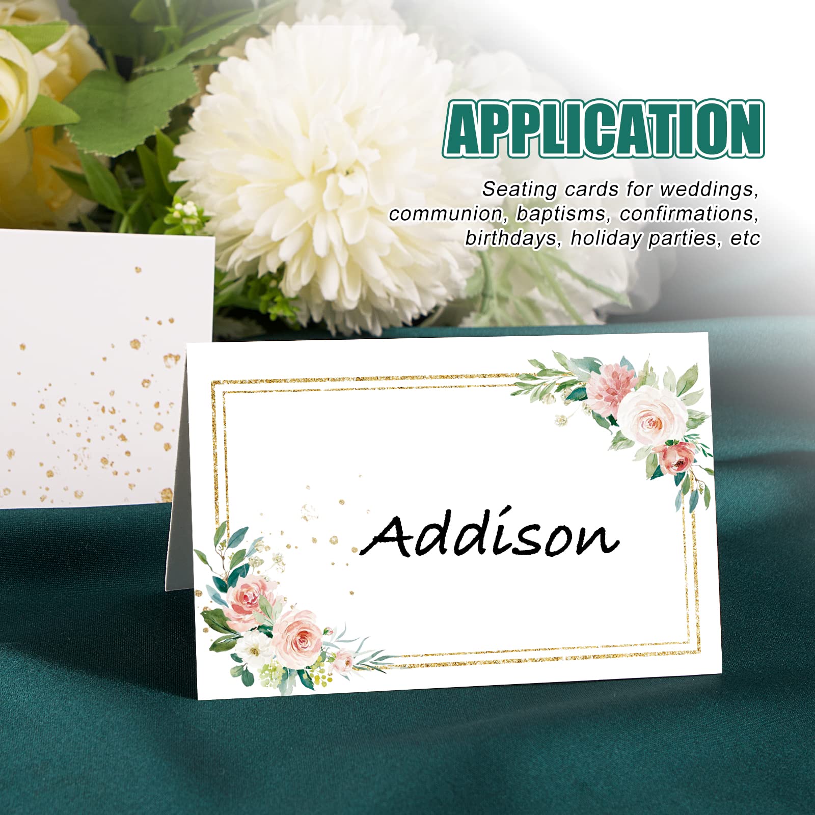 50 Segnaposto Per Tavolo Con Fiori - Bigliettini Bianchi E Rosa Per Matrimoni, Battesimi, Compleanni - Foto 8