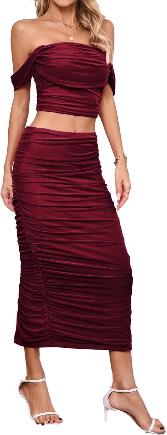 Women's 2 Piece Sexy Mesh Off Shoulder Top & Ruched Bodycon Dress Sets with Back Slit - Image 3