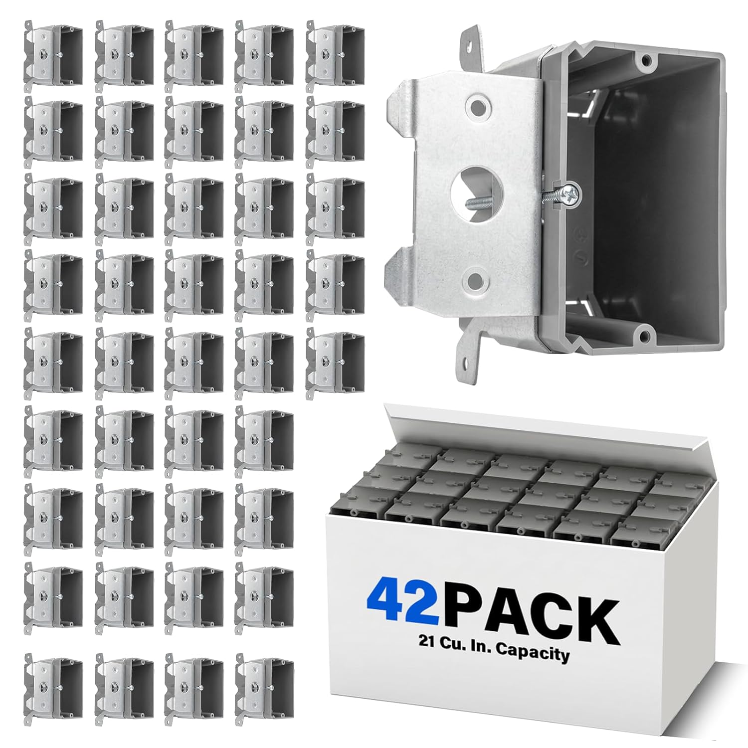 42 Pack 1 Gang Adjustable Outlet Box, ETL Listed, 21 Cu in PVC Plastic Single Gang Electrical Junction Box, Gray Wall Switch and Receptacle Box for Residential and Commercial Wiring