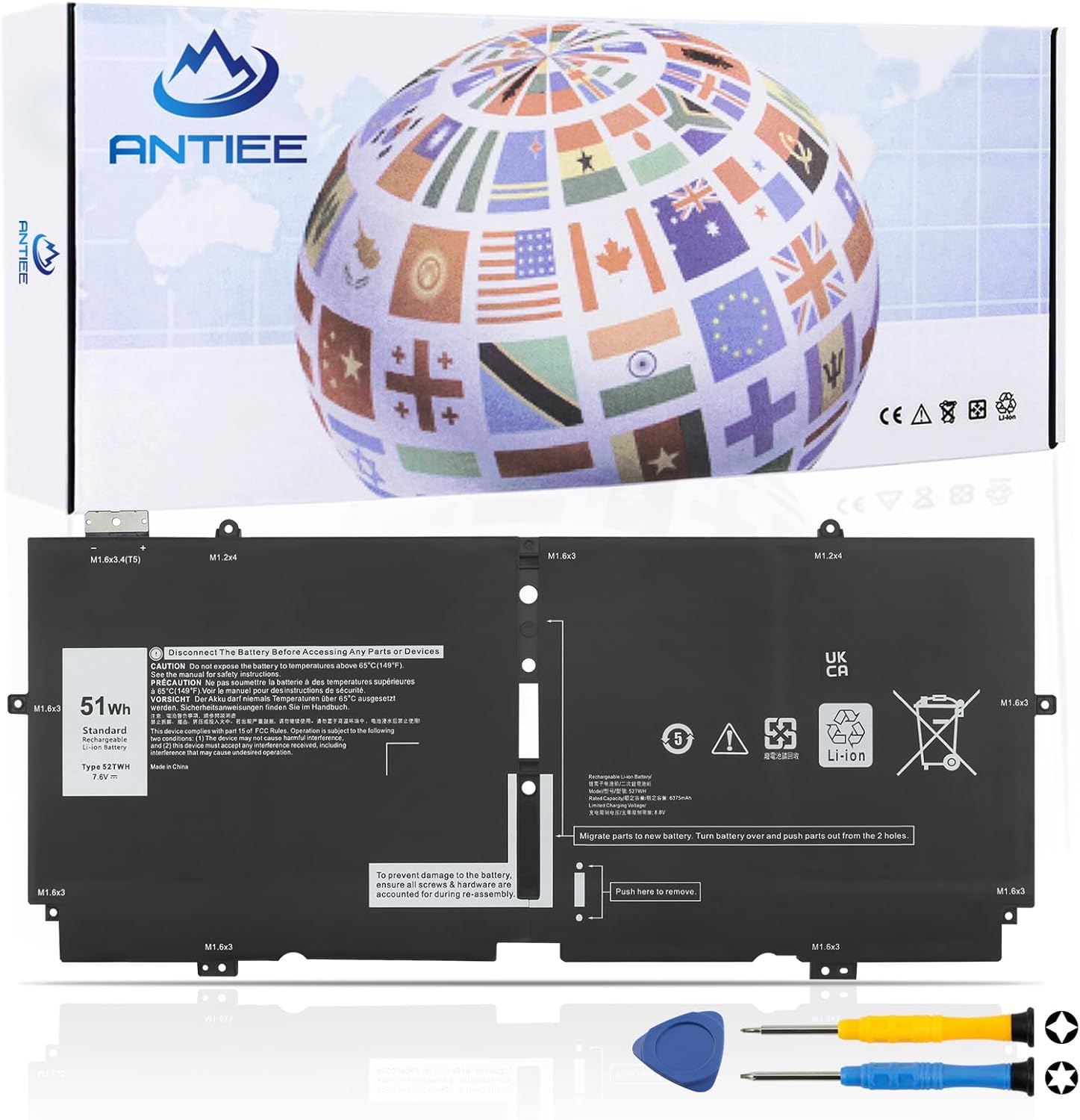 ANTIEE 52TWH Laptop Battery Replacement for Dell XPS 13 7390 2-in-1 Series Notebook P103G P103G001 P103G002 MM6M8 0MM6M8 XX3T7 0XX3T7 51Wh 7.6V 6375mAh