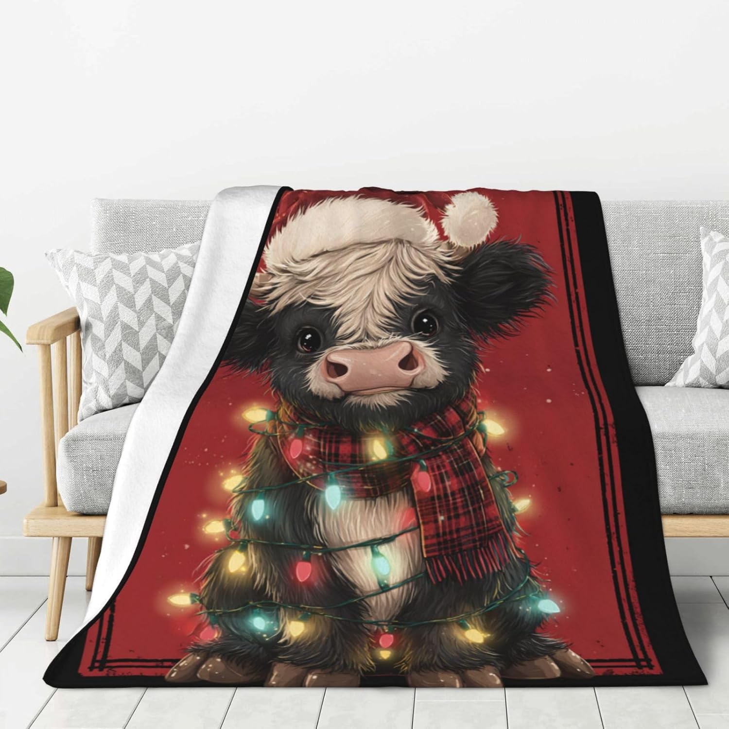 Heartwarming Christmas Highland Cow Flannel Fleece Blanket, Tender Throw with Festive Cow in Hat & Scarf,for Creating A Loving Holiday Atmosphere in Any Room 80"X60"