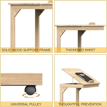 C-Shaped Couch Table, Side Table with 360 Rotating Wheels, 40 Adjustable Tiltable Desktop for Sofa Laptop Coffee, C Table for Living Room (Natural, 15.7 * 15.7 * 24.8in)