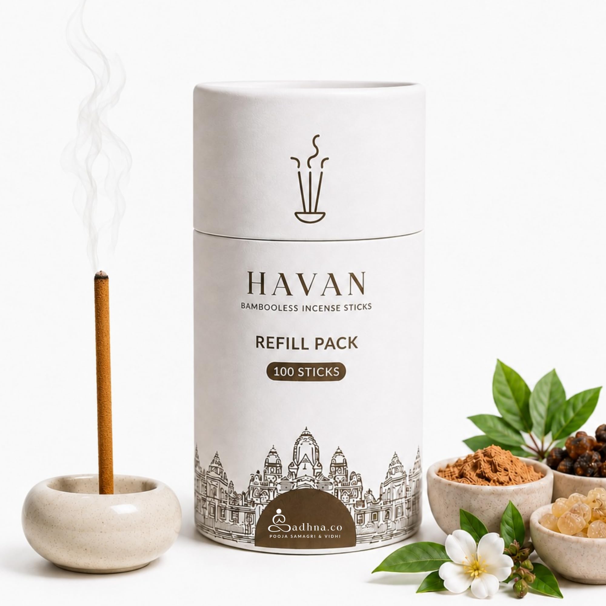 Sadhna.co Havan Blend (Guggal, Camphor & Herbs) Bambooless Incense Sticks Refill for Home & Pooja (100 Sticks) | Natural Hawan Agarbatti | Chemical-Free Smokeless Dhoop Sticks for Aarti & Meditation