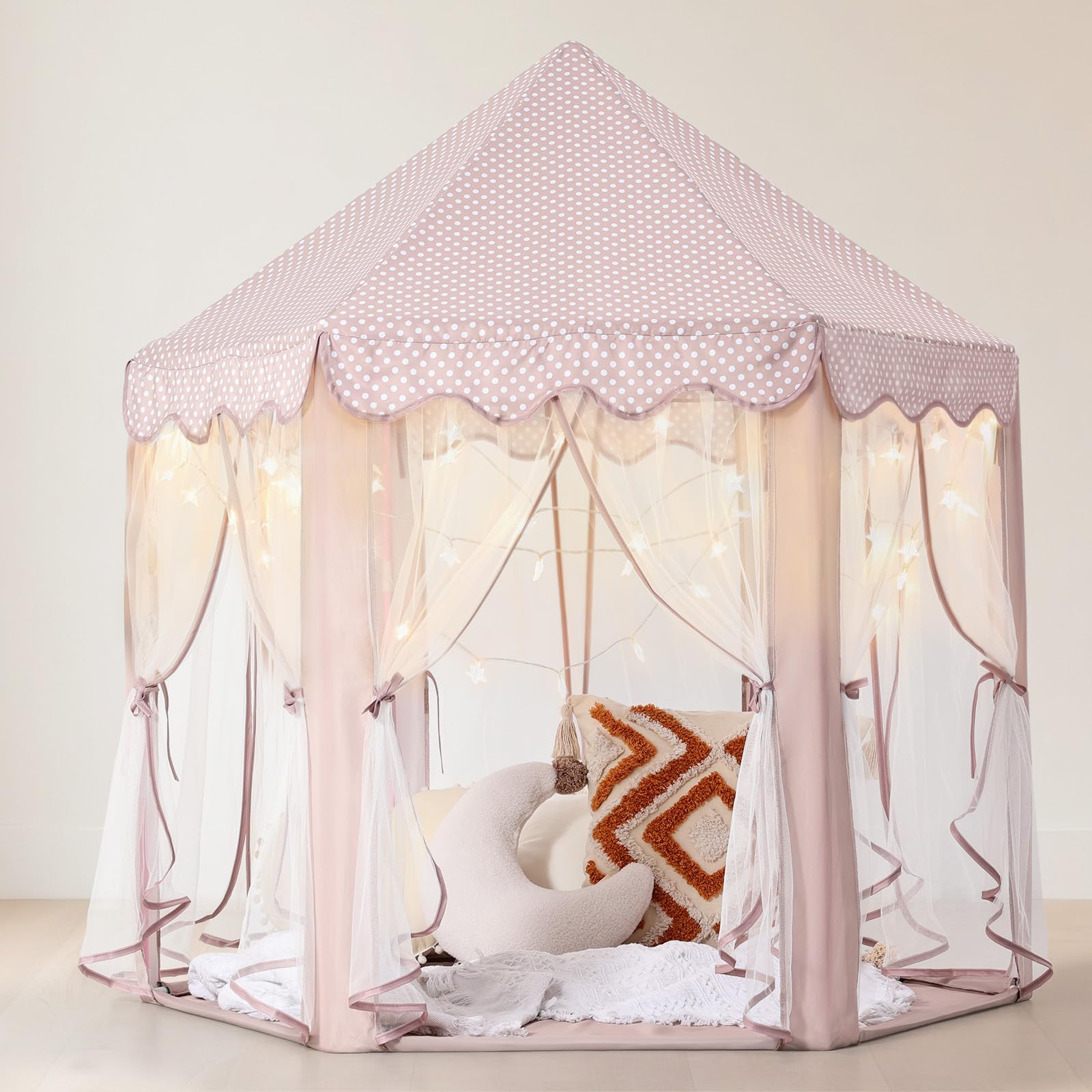 Wilwolfer Princess Castle Play Tent for Girls Large Kids Play Tents Hexagon Playhouse with Star Lights Toys for Children Indoor Games