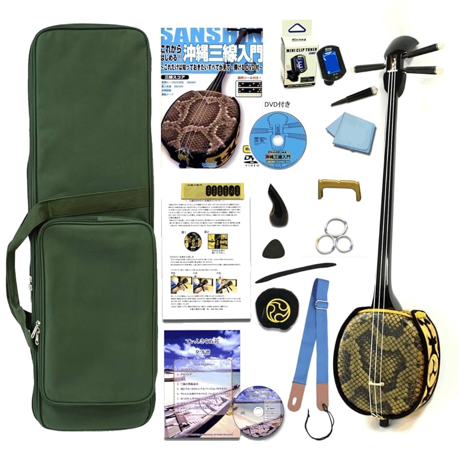 沖縄三線セット（ソフトケース、チューナー、バチ、予備弦、予備ウマ付き）新品 沖縄三線セット（ソフトケース チューナー バチ 予備弦 予備ウマ