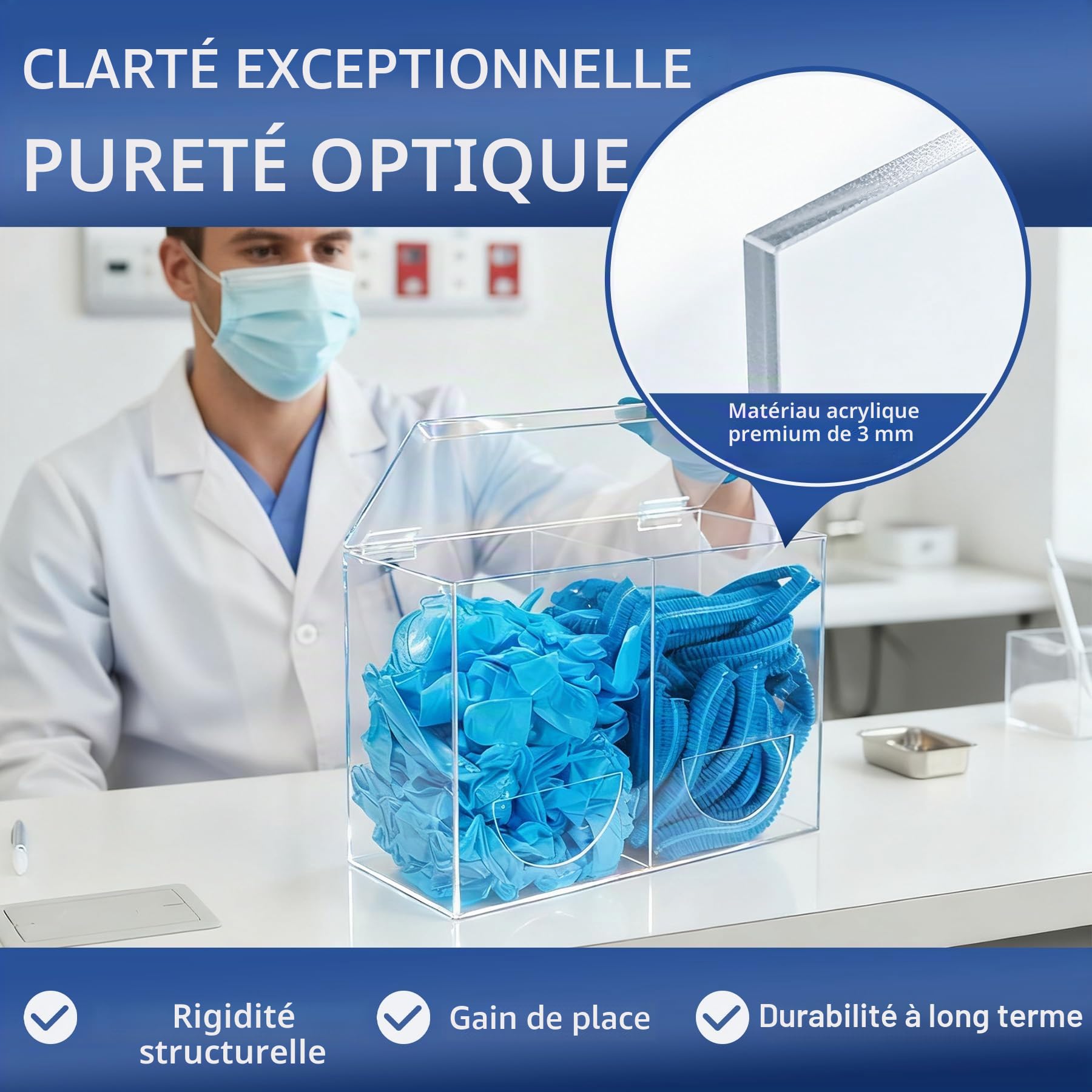 SEANADO Distributeur de gants en acrylique transparent avec couvercle, 2 compartiments, boîte de rangement hygiénique pour filets à barbe, filets à cheveux, sacs en plastique, couvre-chaussures