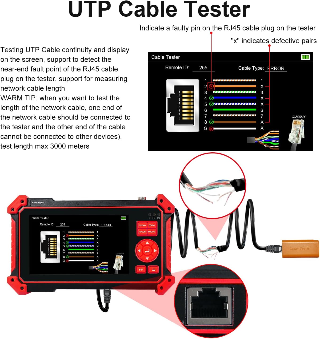 CCTV Camera Tester, WANLUTECH 8MP TVI CVI AHD CVBS Analog Camera Tester 5 inches Screen UTP Cable Test HDMI VGA RS485 PTZ Control Audio Test 12V Power Output