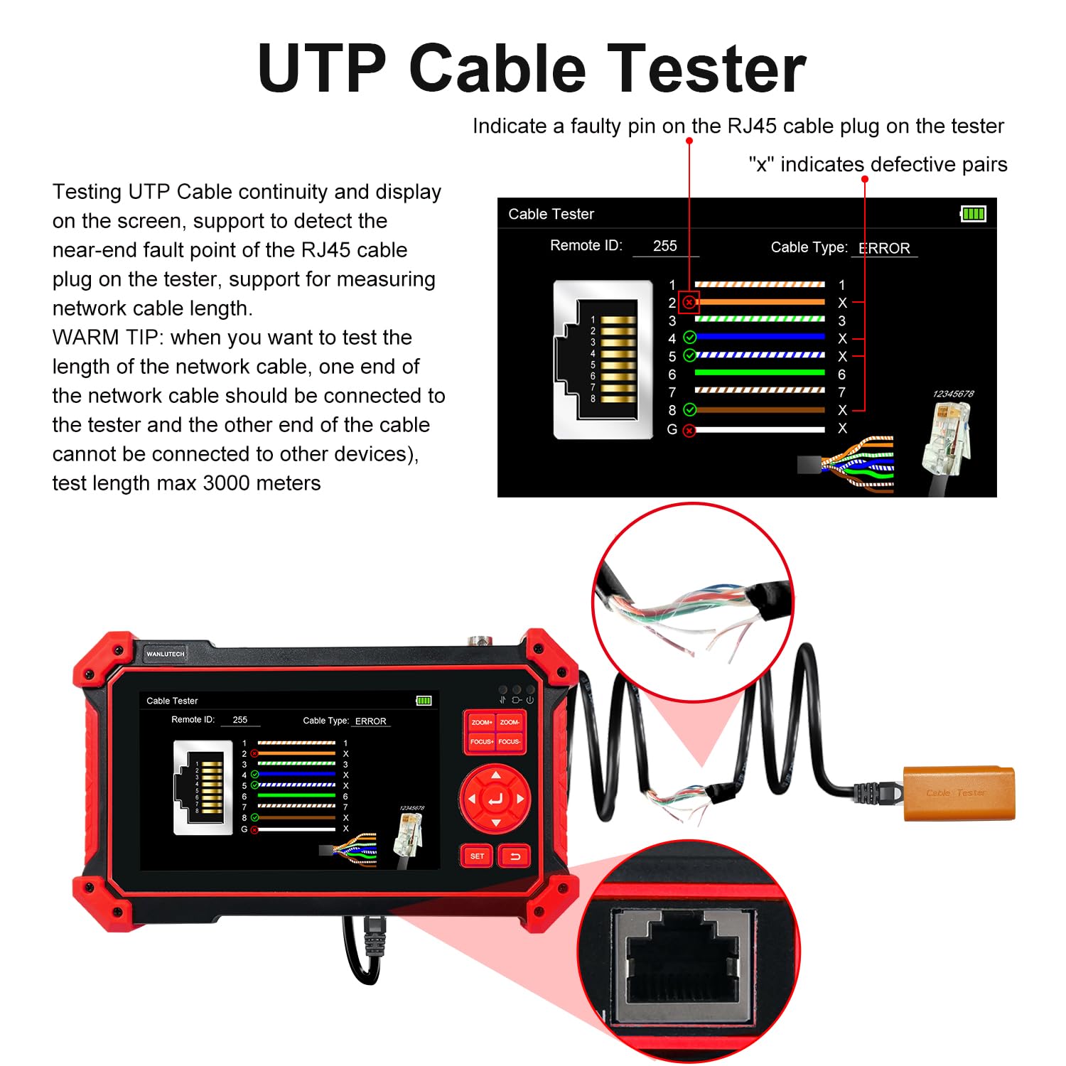 Tester per telecamera CCTV, 8 MP, TVI, CVI, AHD, CVBS, schermo da 5 pollici, cavo UTP, HDMI, VGA, RS485, controllo PTZ, test audio, 12 V