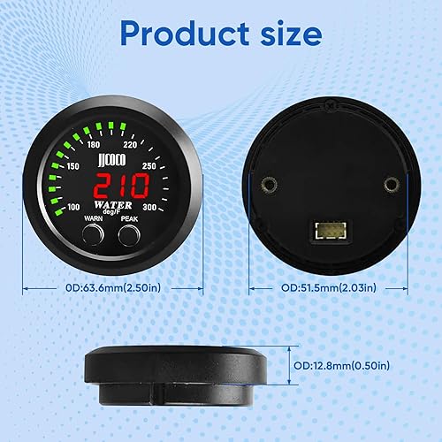 Miniatura 4 de Medidor universal de temperatura del agua de 2.047 in con alarma y sensor de 18 Npt Medidor digital para automóvil, pantalla roja, temperatura de