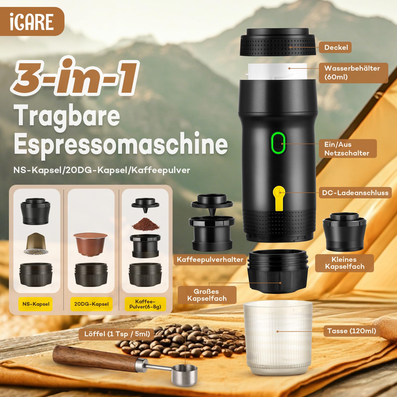 ICARE 3-in-1 Tragbare Espressomaschine, für Kapseln und gemahlenen Kaffee