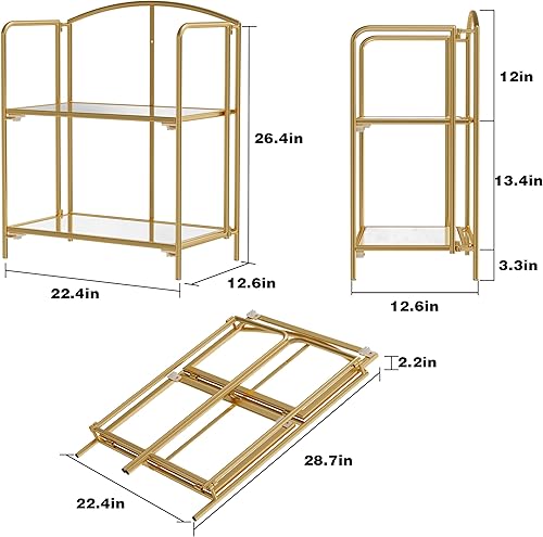 Miniatura 3 de Crofy Estantería plegable sin montaje, estantería dorada de 2 niveles, estante de metal para almacenamiento, estantería plegable para organización y