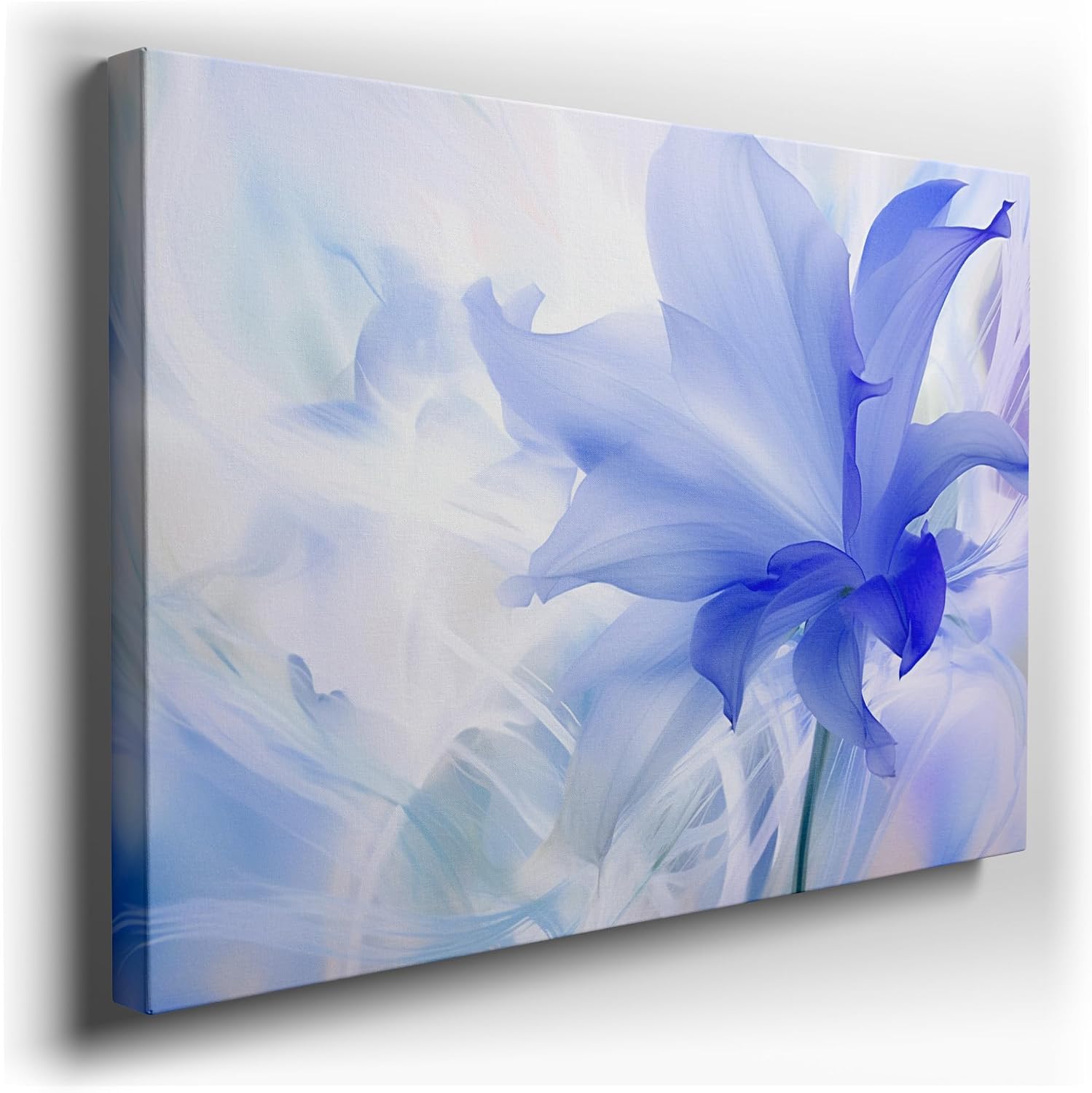 Canvas for Living room. Bloom of Serenity: Capturing the Essence of Tranquility Through a Lone Blue Flower, 27 x 18 inch Canvas Wall Art - Contemporary Masterpieces - Botanical Home Decor