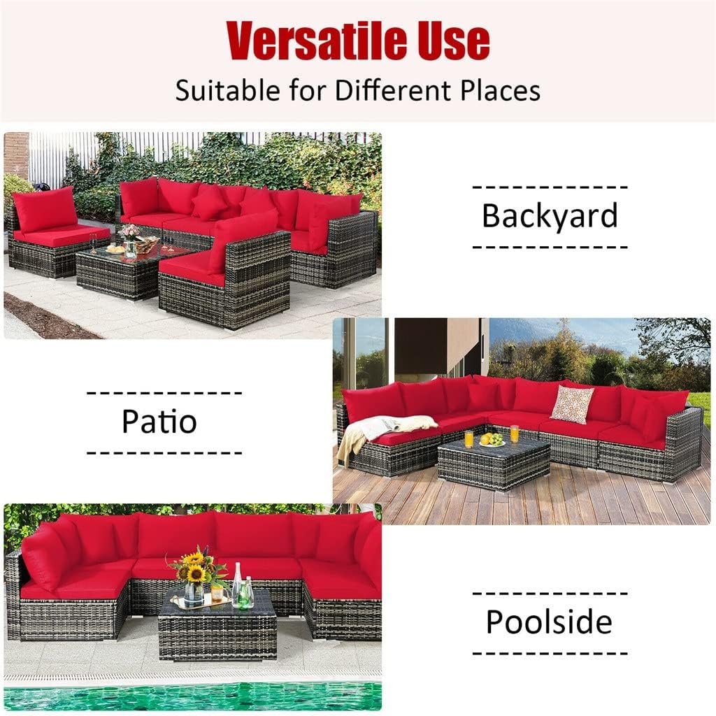 7PCS Patio Rattan Furniture Set Sectional Sofa Garden Red Cushion Outdoor