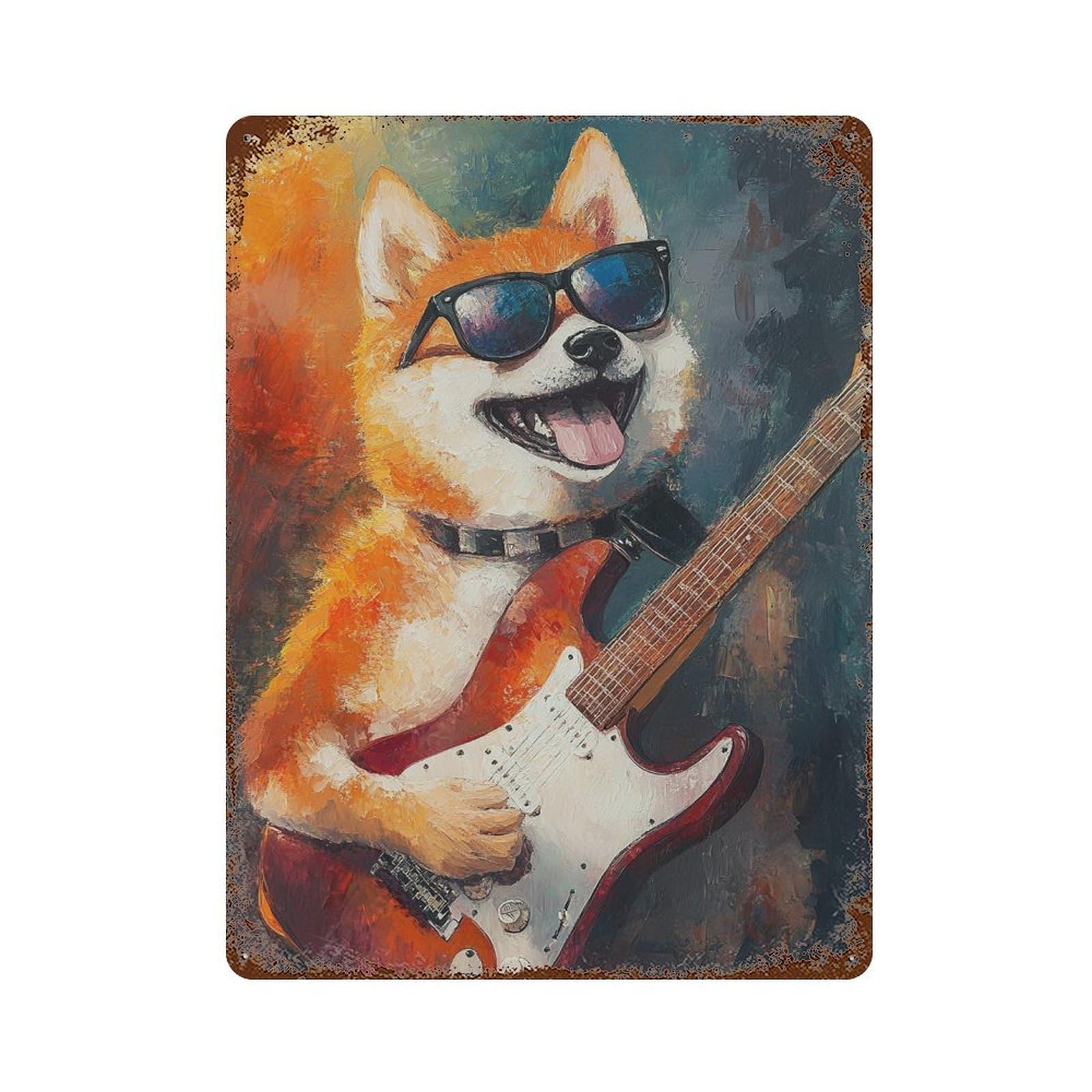Shiba Inu Rock Star Guitar Painting Rusty Metal Tin Sign 15.7"x11.8", Vintage Wall Decor for Garage, Pub Or Kitchen