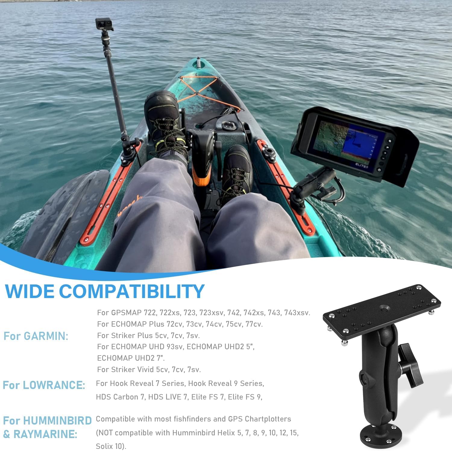 Fischfinder Support sphérique 1,5" en aluminium pour Garmin Echomap/Striker, Lowrance Elite/Hook/HDS & Humminbird Helix – Rotation à 360 °, inclinaison ± 90 °, qualité marine, plaque de montage