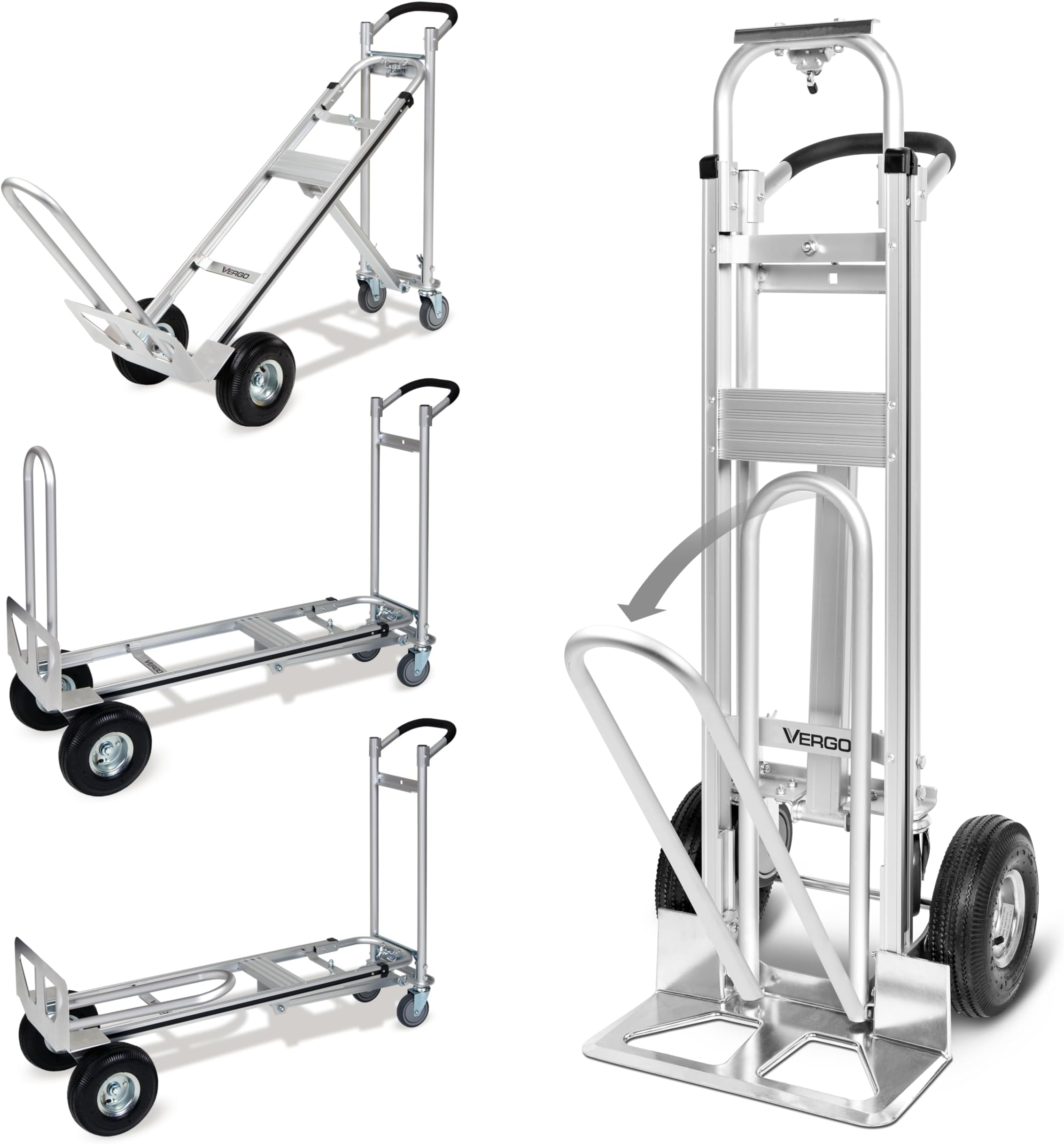 Vergo Industrial Convertible Hand Truck - AS7A2 Heavy Duty Aluminum 3 in 1 Dolly (750 lb Capacity) Lightweight Frame, Ergonomic Handle, Extendable Loop, Versatile Moving Dolly (3 Positions, 53" High)