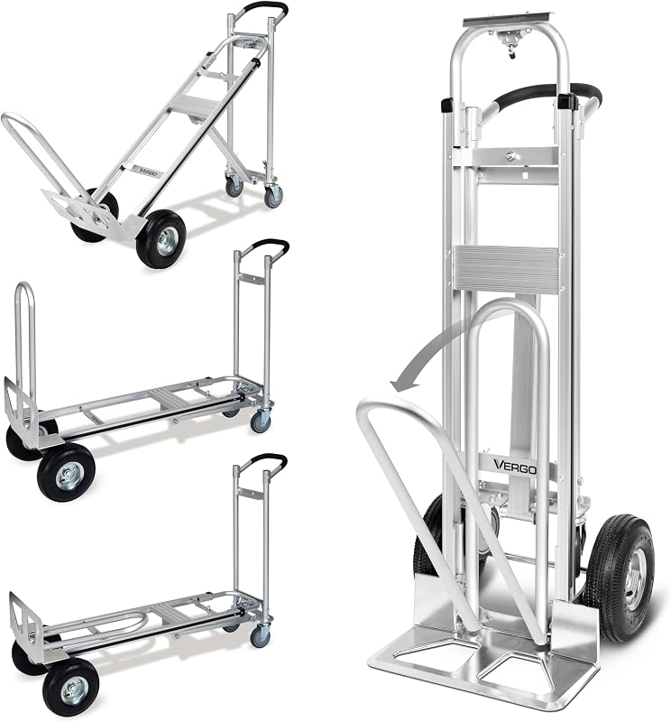 Vergo Industrial Convertible Hand Truck - AS7A2 Heavy Duty Aluminum 3 in 1 Dolly (750 lb Capacity) Lightweight Frame, Ergonomic Handle, Extendable Loop, Versatile Moving Dolly (3 Positions, 53" High)