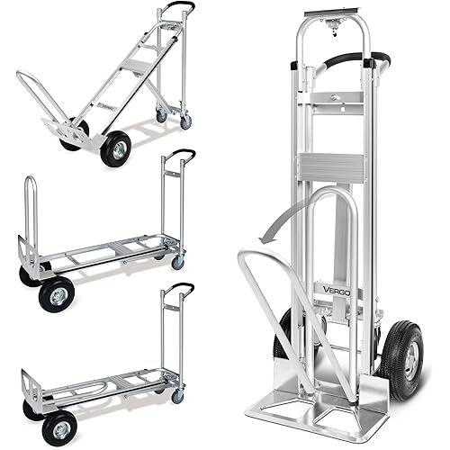 Vergo Industrial Convertible Hand Truck - AS7A2 Heavy Duty Aluminum 3 in 1 Dolly (750 lb Capacity) Lightweight Frame, Ergonomic Handle, Extendable Loop, Versatile Moving Dolly (3 Positions, 53" High)