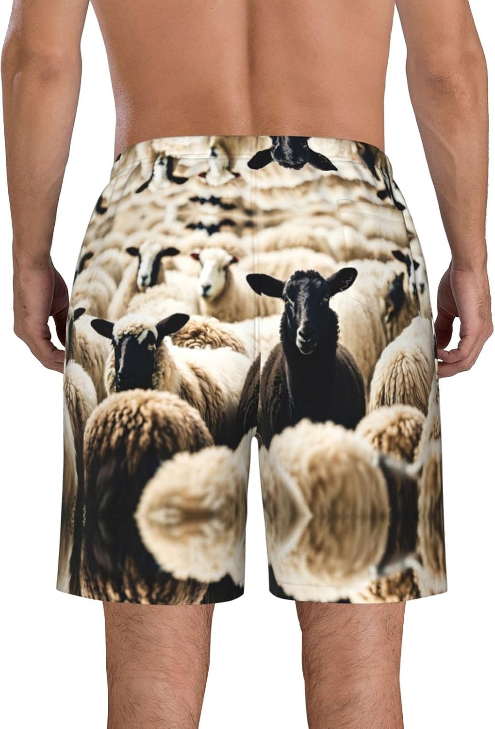 Sheep and Lambs Print Men's Quick-Drying Shorts Casual Beach Pants Stretch Waist Shorts and Pockets