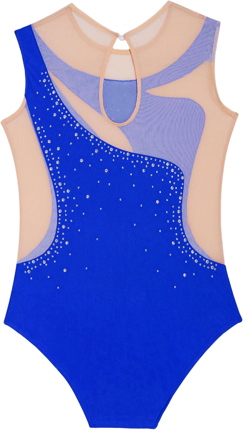 Girls Gymnastics Leotard Sleeveless Mesh Patchwork Ballet Dance Leotard Rhinestones Figure Skating Bodysuit
