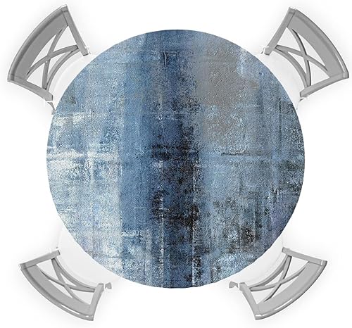 Manteles de mesa con borde elástico, mantel ajustado geométrico abstracto azul degradado azul rústico para mesa redonda, estilo vintage, pintura al
