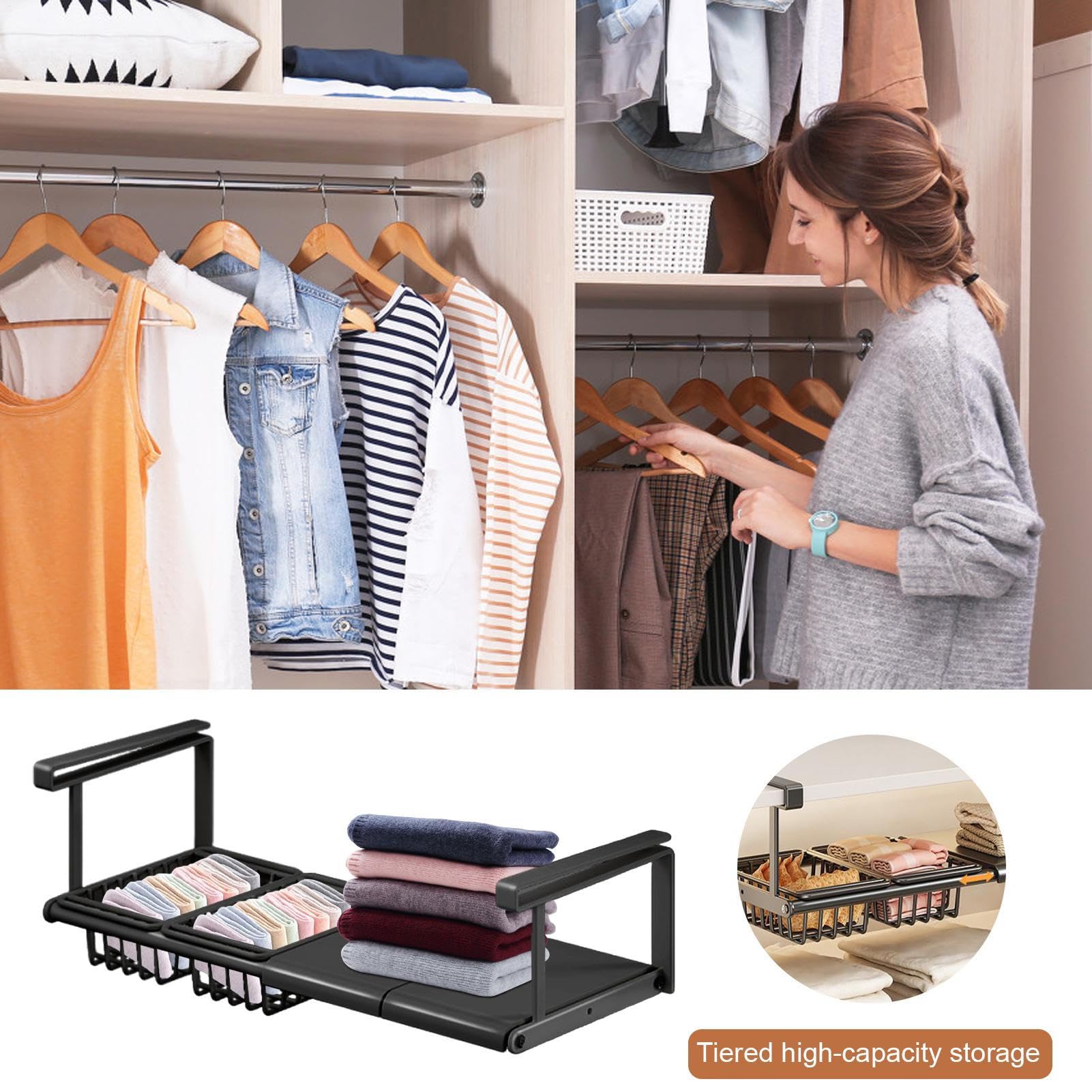 Cesta de almacenamiento para debajo de la estantería, soporte para vajilla de armario, cesta retráctil para ahorrar espacio, para armario, lavandería, dormitorio, cocina, dormitorio, baño